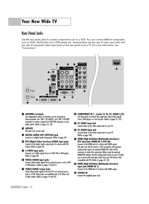 Page 12Rear Panel Jacks
Use the rear panel jacks to connect components such as a VCR. You can connect different components
such as VCRs, Set-Top Box and a DVD player etc., because there are two sets of video input jacks and
two sets of component video input jacks on the rear panel of your TV. For more information, see
“Connections”.
Your New Wide TV
English - 12
ŒANTENNA terminalsTwo independent cables or antennas can be connected to 
these terminals. Use “ANT 1 IN (CABLE)” and “ANT 2 IN (AIR)”
terminals to...