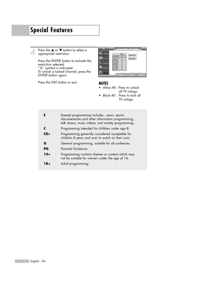 Page 94Special Features
English - 94
4Press the …or †button to select a
appropriate restriction.
Press the ENTER button to activate the
restriction selected.
“”symbol is indicated. 
To unlock a locked channel, press the
ENTER button again.
Press the EXIT button to exit.
EExempt programming includes...news, sports, 
documentaries and other information programming, 
talk shows, music videos, and variety programming.
CProgramming intended for children under age 8.
C8+Programming generally considered acceptable for...