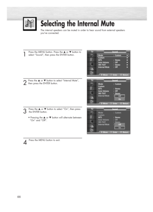 Page 6666
Selecting the Internal Mute
The internal speakers can be muted in order to hear sound from external speakers
youve connected.
1 
Press the MENU button. Press the ▲or ▼button to
select “Sound”, then press the ENTER button.
2
Press the ▲or ▼button to select “Internal Mute”,
then press the ENTER button.
3 
Press the ▲or ▼button to select “On”, then press
the ENTER button.
• Pressing the 
▲or ▼button will alternate between
“On” and “Off”.
4 
Press the MENU button to exit.
Mode : Custom√Custom√MTS :...