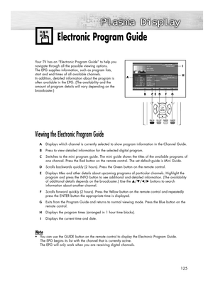 Page 125125
Electronic Program Guide
Your TV has an “Electronic Program Guide” to help you
navigate through all the possible viewing options. 
The EPG supplies information, such as program lists, 
start and end times of all available channels. 
In addition, detailed information about the program is 
often available in the EPG. (The availability and the 
amount of program details will vary depending on the
broadcaster.)
Viewing the Electronic Program Guide
ADisplays which channel is currently selected to show...