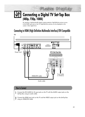 Page 3131
Connecting a Digital TV Set-Top Box
(480p, 720p, 1080i)
By inputting a high-bandwidth digital content protection High-Definition picture source
to the HDMI input jack on the TV, High-Definition pictures can be displayed on the
screen in their digital form.
Connecting to HDMI (High Definition Multimedia Interface)/DVI Compatible
TV
Connect the DVI AUDIO (L, R) input jacks on the TV with the AUDIO output jacks on the 
Set-Top Box using an audio cable.
Connect the HDMI input jack on the TV and the VIDEO...