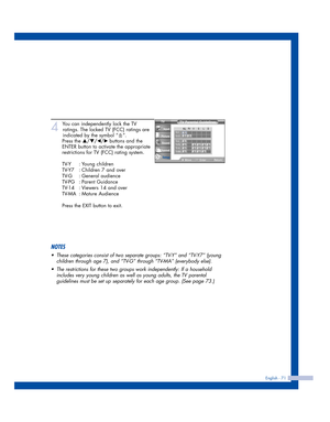 Page 71English - 71
4
You can independently lock the TV
ratings. The locked TV (FCC) ratings are
indicated by the symbol “ ”.
Press the 
…/†/œ/√ buttons and the
ENTER button to activate the appropriate
restrictions for TV (FCC) rating system.
TV-Y : Young children
TV-Y7 : Children 7 and over
TV-G : General audience
TV-PG : Parent Guidance
TV-14 : Viewers 14 and over
TV-MA : Mature Audience
Press the EXIT button to exit.
NOTES
•These categories consist of two separate groups: “TV-Y” and “TV-Y7” (young
children...
