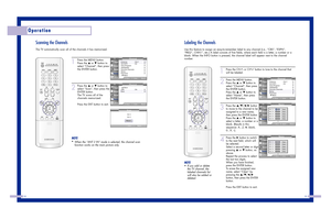 Page 17Scanning the ChannelsThe TV automatically scan all of the channels it has memorized. 
33
Labeling the ChannelsUse this feature to assign an easy-to-remember label to any channel (i.e., “CBS”, “ESPN”,
“PBS2”, CNN1”, etc.) A label consists of five fields, where each field is a letter, a number or a
blank. When the INFO button is pressed, the channel label will appear next to the channel
number.
Operation
32
1
Press the MENU button.
Press the 
…
or 
†
button to
select “Channel”, then press
the ENTER...