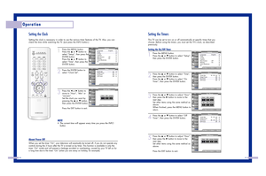 Page 20Setting the TimersThis TV can be set to turn on or off automatically at specific times that you
choose. Before using the timers, you must set the TV’s clock, as described
previously.Setting the On/Off Timer1
Press the MENU button. 
Press the 
…
or 
†
button to select “Setup”,
then press the ENTER button.
2
Press the 
…
or 
†
button to select “Time”,
then press the ENTER button.
Press the 
…
or 
†
button to select “On
Timer”, then press the ENTER button.
3
Press the 
…
or 
†
button to adjust “Hour”,
then...