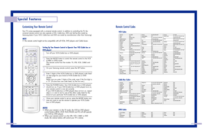 Page 24Special Features
46
Customizing Your Remote ControlYour TV comes equipped with a universal remote control. In addition to controlling the TV, the
universal remote control can also operate a VCR, Cable box, DVD and Set-Top Box made by
Samsung (even if your VCR, Cable box and DVD are made by manufacturers other than Samsung). NOTE•The remote control might not be compatible with all VCRs, DVD players and Cable boxes.
Setting Up Your Remote Control to Operate Your VCR (Cable box orDVD player)1
Turn off your...