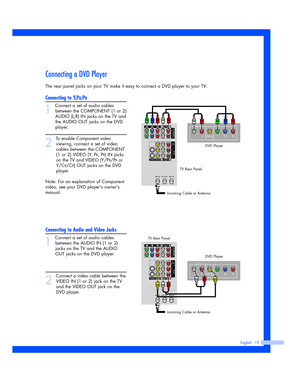 Page 19Connecting a DVD Player
The rear panel jacks on your TV make it easy to connect a DVD player to your TV.
Connecting to Y,PB,PR
1
Connect a set of audio cables
between the COMPONENT (1 or 2)
AUDIO (L,R) IN jacks on the TV and
the AUDIO OUT jacks on the DVD
player.
2
To enable Component video
viewing, connect a set of video
cables between the COMPONENT
(1 or 2) VIDEO (Y, P
B, PR) IN jacks
on the TV and VIDEO (Y/P
B/PRor
Y/C
B/CR) OUT jacks on the DVD
player.
Note: For an explanation of Component
video, see...