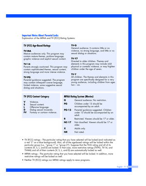 Page 71English - 71
Important Notes About Parental Locks
Explanation of the MPAA and TV (FCC) Rating Systems:
TV (FCC) Age-Based Ratings
TV-MA
Mature audiences only. This program may
contain mature themes, profane language,
graphic violence and explicit sexual content.
TV-14
Parents strongly cautioned. This program may
contain sophisticated themes, sexual content,
strong language and more intense violence.
TV-PG
Parental guidance suggested. The program
may contain infrequent coarse language,
limited violence,...