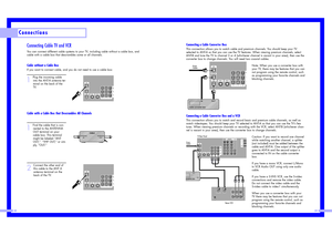 Page 1223
Connections
22
Connecting Cable TV and VCRYou can connect different cable systems to your TV, including cable without a cable box, and
cable with a cable box that descrambles some or all channels.Cable without a Cable BoxIf you want to connect cable, and you do not need to use a cable box:1
Plug the incoming cable
into the ANT-A antenna ter-
minal on the back of the
TV.
Cable with a Cable Box that Descrambles All Channels1
Find the cable that is con-
nected to the ANTENNA
OUT terminal on your
cable...