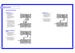 Page 14Connecting a DTV Set Top BoxConnecting to Y,P
b,Pr
1
Connect a set of audio
cables between the
Component2 or
Component3 AUDIO IN
jacks on the TV and the
AUDIO OUT jacks on the
Set Top Box.
2
Connect video cables
between the Component2
or Component3 Y, P
band P
r
inputs on the TV and Y, P
b
and P
r(or Y, C
b, Cr) outputs
on the Set Top Box.
Note: For an explanation of
Component video, see your
Set Top Box owners manu-
al.  
Connecting to DVI (Digital Visual
Interface)1
Connect a set of audio
cables...