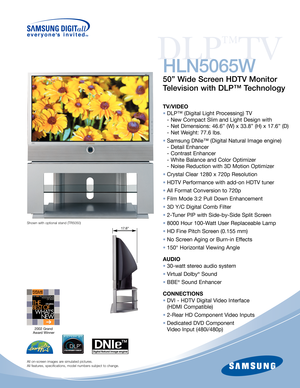 Page 12002 Grand 
Award Winner
DLP
™
TV
HLN5065W
50” Wide Screen HDTV Monitor 
Television with DLP™ Technology
TV/VIDEO
•DLP™ (Digital Light Processing) TV
- New Compact Slim and Light Design with
- Net Dimensions: 46.6” (W) x 33.8” (H) x 17.6” (D)
- Net Weight: 77.6 lbs.
•Samsung DNIe™ (Digital Natural Image engine)
- Detail Enhancer
- Contrast Enhancer
- White Balance and Color Optimizer  
- Noise Reduction with 3D Motion Optimizer
•Crystal Clear 1280 x 720p Resolution
•HDTV Performance with add-on HDTV...