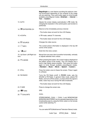 Page 17MagicBright is a new feature providing the optimum view-
ing environment depending on the contents of the image
you are watching. Then push button again to circle through
available preconfigured modes. (
Entertain → Internet →
Text → Custom )
13. AUTO Adjusts the screen display automatically in  PC mode. By
changing the resolution in the control panel, auto function is
performed.
14.   ENTER/PRE-CH
Returns to the immediately previous channel.
- This fuction does not work for this LCD Display.
15.  CH/P...