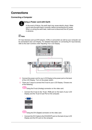 Page 19Connections
Connecting a Computer
Using a Power cord with Earth
•
In the event of failure, the earth lead may cause electric shock. Make
sure to wire the earth lead in correctly, before connecting the AC power\
.
When un-wiring the earth lead, make sure to disconnect the AC power
in advance.  Note
AV input devices such as DVD players, VCRs or camcorders as well as your\
 computer can
be connected to the LCD Display. For detailed information on connecting \
AV input devices,
refer to the User Controls...