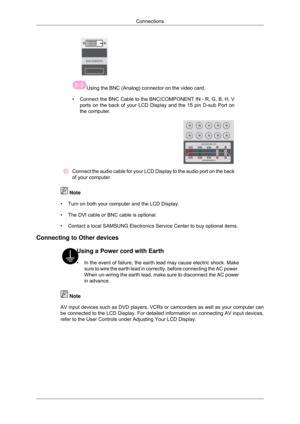 Page 20 
Using the BNC (Analog) connector on the video card.
• Connect the BNC Cable to the BNC/COMPONENT IN - R, G, B, H, V
ports on the back of your LCD Display and the 15 pin D-sub Port on
the computer. Connect the audio cable for your LCD Display to the audio port on the ba\
ck
of your computer.
 Note
• Turn on both your computer and the LCD Display.
• The DVI cable or BNC cable is optional.
•
Contact a local SAMSUNG Electronics Service Center to buy optional items.
Connecting to Other devices Using a Power...