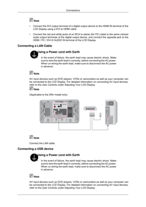 Page 25 Note
• Connect the DVI output terminal of a digital output device to the HDMI I\
N terminal of the LCD Display using a DVI to HDMI cable.
• Connect the red and white jacks of an RCA to stereo (for PC) cable to \
the same colored
audio output terminals of the digital output device, and connect the opp\
osite jack to the
HDMI / PC / DVI-D AUDIO IN terminal of the LCD Display.
Connecting a LAN Cable Using a Power cord with Earth
•
In the event of failure, the earth lead may cause electric shock. Make
sure...