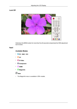 Page 48Lock Off
Hold down the MENU button for more than five (5) seconds to deactivate\
 the OSD adjustment
lock function.
Input
Available Modes
•  PC / BNC / DVI
•  AV
•  S-Video
•  Component
•  HDMI
•  MagicInfo
 Note
• The MagicInfo menu is available in DRn models. Adjusting the LCD Display 