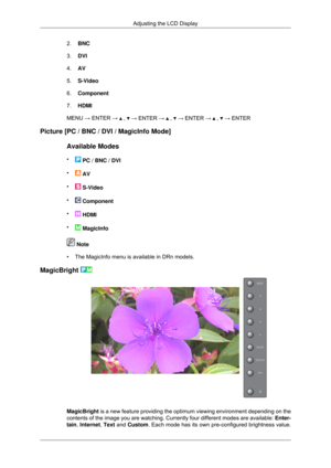 Page 542.
BNC
3. DVI
4. AV
5. S-Video
6. Component
7. HDMI
MENU → ENTER →   ,   → ENTER →   ,   → ENTER →   ,   → ENTER
Picture [PC / BNC / DVI / MagicInfo Mode]
Available Modes
•  PC / BNC / DVI
•  AV
•  S-Video
•  Component
•  HDMI
•  MagicInfo
 Note
• The MagicInfo menu is available in DRn models.
MagicBright  MagicBright is a new feature providing the optimum viewing environment depending on\
 the
contents of the image you are watching. Currently four different modes a\
re available: 
Enter-
tain,...
