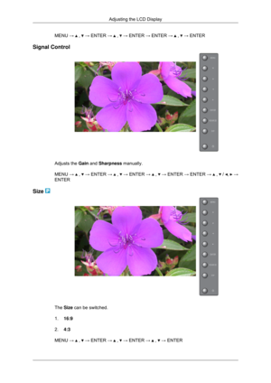 Page 61MENU →   ,   → ENTER →   ,   → ENTER → ENTER →   ,   → ENTER
Signal Control Adjusts the Gain and Sharpness manually.
MENU 
→   ,   →
 ENTER  →   ,   →
 ENTER  →   ,   →
 ENTER  → ENTER  →   ,   /  ,   →
ENTER
Size  The Size can be switched.
1.
16:9
2. 4:3
MENU →   ,   → ENTER →   ,   → ENTER →   ,   → ENTER
Adjusting the LCD Display 