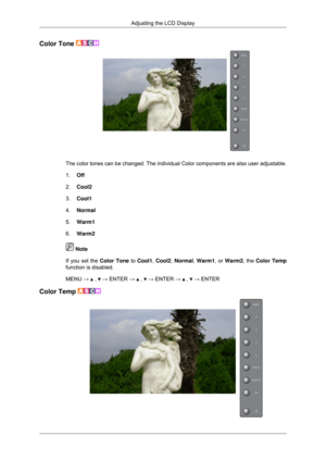 Page 65Color Tone 
The color tones can be changed. The individual Color components are also\
 user adjustable.
1.
Off
2. Cool2
3. Cool1
4. Normal
5. Warm1
6. Warm2  Note
If you set the  Color Tone to Cool1, Cool2, Normal, Warm1, or Warm2, the Color Temp
function is disabled.
MENU →   ,   → ENTER →   ,   → ENTER →   ,   → ENTER
Color Temp  Adjusting the LCD Display 