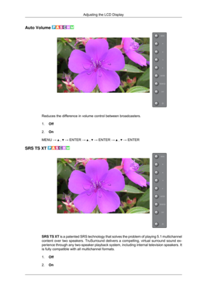 Page 71Auto Volume 
Reduces the difference in volume control between broadcasters.
1.
Off
2. On
MENU →   ,   → ENTER →   ,   → ENTER →   ,   → ENTER
SRS TS XT  SRS TS XT is a patented SRS technology that solves the problem of playing 5.1 mul\
tichannel
content over two speakers. TruSurround delivers a compelling, virtual su\
rround sound ex-
perience through any two-speaker playback system, including internal tel\
evision speakers. It
is fully compatible with all multichannel formats.
1.
Off
2. On Adjusting the...