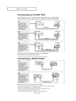 Page 16English-13
INSTALLATION
AV OUT
3Connect an S-video
cable between the 
S-VIDEO OUT jack on
the VCR and the 
S-VIDEO INPUT jack
on the TV.
An S-video cable is usually included with an S-VHS VCR.
(If not, check your local electronics store.)
*  Each external input source device has a different back panel configuration.
AV OUT
1To begin, follow
steps 1–3 in the 
previous section to
connect the antenna
or cable to your
VCR and your TV.
Connecting an S-VHS VCR
Your Samsung TV can be connected to an S-Video...