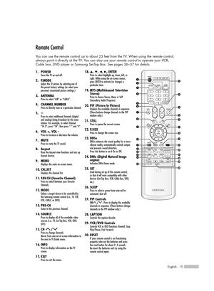 Page 15English - 15
Remote Control
You can use the remote control up to about 23 feet from the TV. When using the remote control, 
always point it directly at the TV. You can also use your remote control to operate your VCR, 
Cable box, DVD player or Samsung Set-Top Box. See pages 36~37 for details. 
1. POWERTurns the TV on and off.
2. P.MODEAdjust the TV picture by selecting one of 
the preset factory settings (or select your
personal, customized picture settings.)
3. ANTENNAPress to select “AIR” or “CABLE”....
