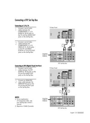 Page 25Connecting a DTV Set-Top Box
Connecting to Y, PB, PR
1
Connect a set of audio
cables between the 
COMPONENT (1 or 2) 
AUDIO (L, R) IN jacks on 
the TV and the AUDIO OUT 
jacks on the Set-Top Box.
2
Connect a set of video
cables between the 
COMPONENT (1 or 2) 
VIDEO (Y, P
B, PR) IN jacks 
on the TV and VIDEO 
(Y/P
B/PRor Y/CB/CR) OUT 
jacks on the Set-Top Box.
Connecting to DVI (Digital Visual Interface)
1
Connect a set of audio
cables between the DVI
AUDIO (L, R) IN jacks on the
TV and the AUDIO OUT...