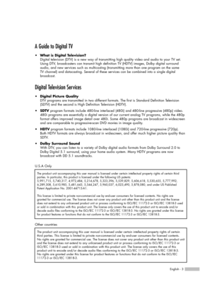 Page 3A Guide to Digital TV
•What is Digital Television?
Digital television (DTV) is a new way of transmitting high quality video and audio to your TV set.
Using DTV, broadcasters can transmit high definition TV (HDTV) images, Dolby digital surround
audio, and new services such as multicasting (transmitting more than one program on the same 
TV channel) and datacasting. Several of these services can be combined into a single digital 
broadcast.
Digital Television Services
•Digital Picture Quality
DTV programs...