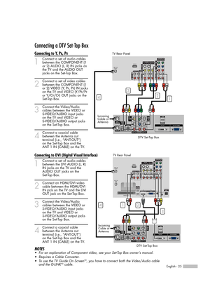 Page 25Connecting a DTV Set-Top Box
Connecting to Y, PB, PR
1
Connect a set of audio cables
between the COMPONENT (1 
or 2) AUDIO (L, R) IN jacks on 
the TV and the AUDIO OUT 
jacks on the Set-Top Box.
2
Connect a set of video cables
between the COMPONENT (1 
or 2) VIDEO (Y, P
B, PR) IN jacks
on the TV and VIDEO (Y/PB/PR
or Y/CB/CR) OUT jacks on the 
Set-Top Box.
3
Connect the Video/Audio
cables between the VIDEO or 
S-VIDEO/AUDIO input jacks 
on the TV and VIDEO or 
S-VIDEO/AUDIO output jacks 
on the Set-Top...