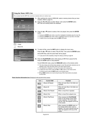 Page 66English-66 Music function information icon 
(Displayed at the top left of the screen).
(Music) All  RepeatWhen all music files in the folder are
repeated.
When pressing the PLAY/PAUSE
button on the remote control while
music is playing. The music stops
and the ‘Play’ text appears at the top
of the screen. Current OSD Icon
(Music) Play/Pause
When pressing the STOPbutton on
the remote control when music is
stopped. The music resumes and the
‘Stop’ text appears at the top of the
screen. (Music) Stop...