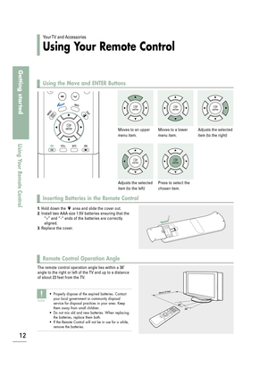 Page 1412
Getting started
Using Your Remote Control
Using the Move and ENTER Buttons
Your TV  and  Accessories
Using Your Remote Control
Inserting Batteries in the Remote Control
Moves to an upper
menu item.Moves to a lower
menu item.
Adjusts the selected
item (to the left)Press to select the
chosen item.
Adjusts the selected
item (to the right)
1. Hold down the  area and slide the cover out.
2. Install two AAA size 1.5V batteries ensuring that the
“+” and “-“ ends of the batteries are correctly
aligned.
3....
