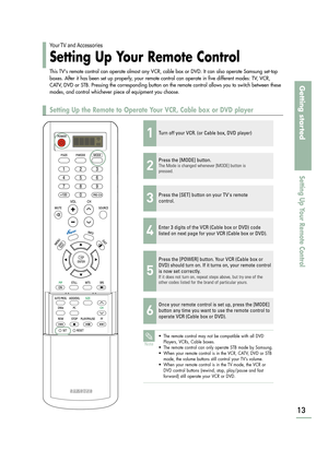 Page 1513
Getting started
Setting Up Your Remote Control
Your TV  and  Accessories
Setting Up Your Remote Control
This TVs remote control can operate almost any VCR, cable box or DVD. It can also operate Samsung set-top
boxes. After it has been set up properly, your remote control can operate in five different modes: TV, VCR,
CATV, DVD or STB. Pressing the corresponding button on the remote control allows you to switch between these
modes, and control whichever piece of equipment you choose.
Note
•The remote...