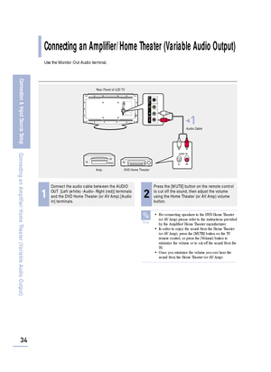 Page 3634
Connection & Input Source Setup
Connecting an Amplifier/Home Theater (Variable Audio Output)
Connecting an Amplifier/Home Theater (Variable Audio Output)
Use the Monitor Out Audio terminal.
1
Connect the audio cable between the AUDIO
OUT [Left (white) -Audio- Right (red)] terminals
and the DVD Home Theater (or AV Amp) [Audio
In] terminals.
2
Press the [MUTE] button on the remote control
to cut off the sound, then adjust the volume
using the Home Theater (or AV Amp) volume
button.
Amp. DVD Home...