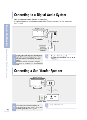 Page 38There are many types of audio systems on the market today.
A simplified illustration of an audio system is shown below. For more information, see your audio system
owner’s manual.
36
Connection & Input Source Setup
1
Connect the Optical cable between the [Optical
Audio Out] terminal on the back of the TV and
the [Optical Audio In] terminal on the Digital
Audio.
For better sound quality, use an optical cable for an
audio device that corresponds to the optical digital audio
input. 
Connecting to a Digital...