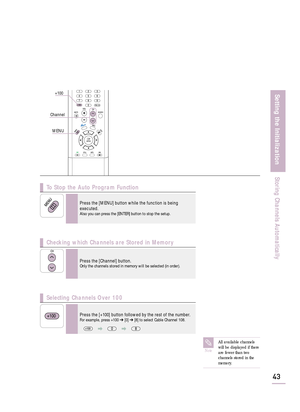 Page 4543
Setting the Initialization
Storing Channels Automatically
Press the [MENU] button while the function is being
executed.
Also you can press the [ENTER] button to stop the setup. 
To Stop the Auto Program Function
Press the [Channel] button.Only the channels stored in memory will be selected (in order).
Checking which Channels are Stored in Memory
Press the [+100] button followed by the rest of the number. For example, press +100 ➔[0] ➔[8] to select Cable Channel 108.
Selecting Channels Over 100
Note...