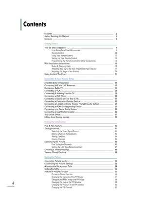 Page 6Contents
4
Features .............................................................................................................................. 2
Before Reading this Manual............................................................................................ 3
Contents .............................................................................................................................. 4
Getting started
Your TV and Accessories...