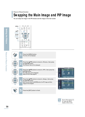 Page 60PIPPIP : On√
Source : TV √
Swap √
Size : √
Position : √
Channel : Air  3 √
Move Enter Return
PIPPIP : On √
Source : TV √
Swap √
Size : √
Position : √
Channel : Air  3 √
Move Enter Return
Picture-in-Picture Function
Swapping the Main Image and PIP Image
5\b
Setting the Picture
Picture-in-Picture Function
You can swap the image in the PIP window and the image on the main screen\
.
1Press the [MENU] button.The menu will be displayed.
2
Press the [ …/† ] buttons to move to , then press
the [ENTER] button....