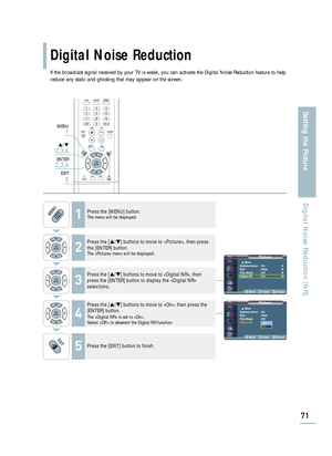Page 73Picture… MoreBrightness Sensor: On√
Size : Wide√
Film Mode : Off√
Digital NR : On√
Move Enter Return
Picture… MoreBrightness Sensor: On
Size : Wide
Film Mode : Off
Digital NR: On
Move Enter Return
OffOn
Digital Noise Reduction
71
Setting the PictureDigital Noise Reduction (NR)
If the broadcast signal received by your TV is weak, you can activate the Digital Noise Reduction feature to help
reduce any static and ghosting that may appear on the screen.
1Press the [MENU] button.The menu will be displayed.
2...