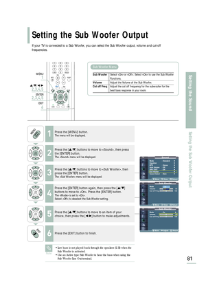 Page 83Sub WooferMode : On√
Volume 50
Cut off Freq. 150
Move Adjust Return
SoundMode : Standard√
Equalizer√
MTS : Stereo√
Auto Volume : Off√
SRS TSXT : Off√
Sub Woofer√
Sound Select : Main√
Move Enter Return
Sub WooferMode : Off
Volume 50
Cut off Freq. 150
Move Enter Return
Setting the Sub Woofer Output
81
Setting the Sound
Setting the Sub Woofer Output
If your TV is connected to a Sub Woofer, you can select the Sub Woofer output, volume and cut-off
frequencies.
1Press the [MENU] button.The menu will be...