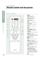 Page 12Remote Control Buttons
10
Getting started
Your TV and Accessories
Your TV  and  Accessories
Remote Control and Accessories
Œ˝

Ò
Ú
Æ
ı
˜ Ô
´
ˇ
¨
ˆ
Ø
∏
”
’
1POWER
2P.SIZE
√See page 69Press to change the screen size.
3Numbers√See pages 43~45Press to select channels.
4+100√See page 43Press to select channels over 100. 
5MUTEPress to temporarily cut off the sound.
6Volume ControlPress to increase or decrease the volume.
7AnynetPlease refer to the Anynet Owner’s
Instructions.
8MENUPress to display the...