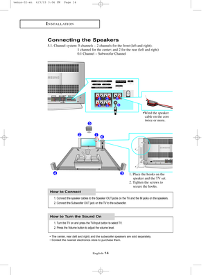 Page 21English-14
INSTALLATION
Connecting the Speakers
5.1. Channel system: 5 channels – 2 channels for the front (left and right);                       
1 channel for the center; and 2 for the rear (left and right)
0.1 Channel – Subwoofer Channel
 The center, rear (left and right) and the subwoofer speakers are sold separately.
 Contact the nearest electronics store to purchase them.
1. Connect the speaker cables to the Speaker OUT jacks on the TV and the IN jacks on the speakers.
2. Connect the Subwoofer...