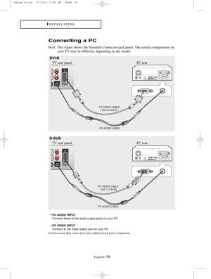 Page 22English-15
INSTALLATION
Connecting a PC
Note: This figure shows the Standard Connector-jack panel. The actual configuration on
your TV may be different, depending on the model.
PC VIDEO CABLE
( DVI-D+DVI-D )
PC AUDIO  CABLE
 PC AUDIO INPUT
Connect these to the audio-output jacks on your PC.
 PC VIDEO INPUT
Connect to the video output port on your PC.
# Each external input source device has a different back panel configuration.
TV rear panel PC rear
PC VIDEO CABLE
( DVI + D-SUB)
PC AUDIO  CABLE
TV rear...