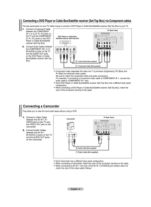 Page 11
English - 
Connecting a DVD Player or Cable Box/Satellite receiver (Set-Top Box) via Component cables
The rear panel jacks on your TV make it easy to connect a DVD Player or Cable Box/Satellite receiver (Set-Top Box) to your TV.
1.		Connect a Component Cable between the COMPONENT IN (1 or 2) [Y, PB, PR] jacks on the TV and the COMPONENT [Y, PB, PR]  jacks on the DVD Player or Cable Box/Satellite receiver (Set-Top Box).
2.		Connect Audio Cables between the COMPONENT IN(1 or 2) [R-AUDIO-L] jacks on...