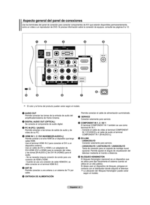 Page 70
Español - 
aspecto general del panel de conexiones
Use los terminales del panel de conexión para conectar componentes de\
 A/V que estarán disponibles permanentemente, como un vídeo o un reproductor de DVD. Si precisa información sobr\
e la conexión de equipos, consulte las páginas 6 a 12.
 El color y la forma del producto pueden variar según el modelo.
1	aUdIO OUt    Permite conectar las tomas de la entrada de audio del amplificador/sistema de Home Cinema.
2 dIGItal  aUdIO OUt (OPtICal)    Se...