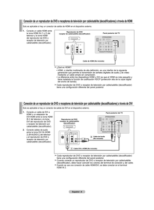 Page 74
Español - 
Conexión de un reproductor de DVD o receptores de televisión por cable/satélite (decodificadores) a través de HDMI
Solo es aplicable si hay un conector de salida de HDMI en el dispositivo externo.
.  
Conecte un cable HDMI entre la toma HDMI IN (1 o 2) del televisor y la toma HDMI del reproductor de DVD o receptor de televisión por cable/satélite (decodificador).
 
¿Qué es HDMI? 
 •  
HDMI, o interfaz multimedia de alta definición, es una interfaz de la siguiente generación que...