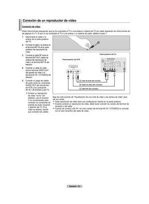 Page 76
Español - 0
Conexión de un reproductor de vídeo
Estas instrucciones presuponen que ya ha conectado el TV a una antena o sistema de TV por cable (siguiendo las instrucciones de las páginas 6 a 7). Si aún no ha conectado el TV a una antena o un sistema de cable, sáltese el paso 1. 
.  
Desconecte el cable o la antena de la parte posterior del TV.
.  
Conecte el cable o la antena en el terminal ANT IN de la parte posterior del reproductor de vídeo.
.  
Conecte el cable RF entre el...