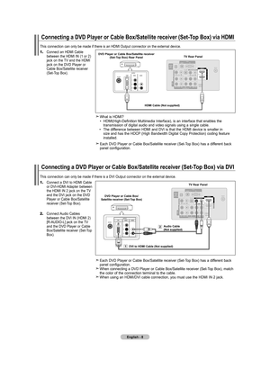 Page 10
English - 8
Connecting a DVD Player or Cable Box/Satellite receiver (Set-Top Box) via HDMI
This connection can only be made if there is an HDMI Output connector on\
 the external device.
Connecting a DVD Player or Cable Box/Satellite receiver (Set-Top Box) via DVI
This connection can only be made if there is a DVI Output connector on t\
he external device.
 Each DVD Player or Cable Box/Satellite receiver (Set-Top Box) has a different back panel configuration. When connecting a DVD Player or Cable...