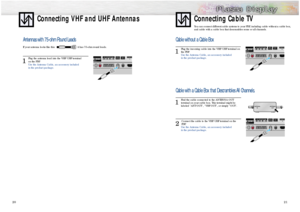 Page 1121
Connecting VHF and UHF Antennas
Connecting Cable TVYou can connect different cable systems to your PDP, including cable without a cable box, 
and cable with a cable box that descrambles some or all channels.
20
Antennas with 75-ohm Round LeadsIf your antenna looks like this:  it has 75-ohm round leads.  1
Plug the antenna lead into the VHF/UHF terminal 
on the PDP.
Use the Antenna Cable, an accessory included 
in the product package. 
Cable without a Cable Box1 
Plug the incoming cable into the...