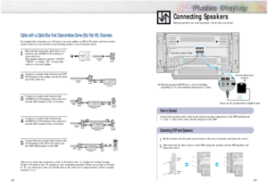 Page 122223
Connecting SpeakersExternal speakers are sold seperately. Check with your dealer.
Connect the speaker audio cable to the external speaker output jack on the PDP matching the
“+” and “-” ends of the cable with the diagram on the PDP. How to ConnectConnecting PDP and Speakers  Fix the bracket onto the guide pole located on the rear of speaker and fasten the screws.
After removing the three screws on the PDP, clamp the speaker and the PDP together and
fasten the screws.1
2
Speaker Audio Cable
✱External...