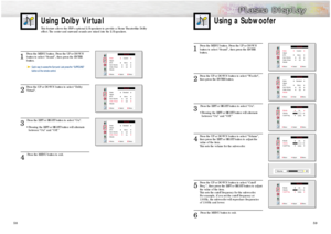 Page 3059
1 
Press the MENU button. Press the UP or DOWN
button to select “Sound”, then press the ENTER 
button. 
2
Press the UP or DOWN button to select “Woofer”,
then press the ENTER button.
3 
Press the LEFT or RIGHT button to select “On”. 
• Pressing the LEFT or RIGHT button will alternate 
between “On” and “Off.” 
4
Press the UP or DOWN button to select “Volume”,
then press the LEFT or RIGHT button to adjust the 
value of the item.
This sets the volume for the subwoofer.
5
Press the UP or DOWN button to...