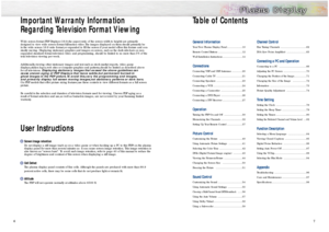 Page 4General InformationYour New Plasma Display Panel ....................10
Remote Control Buttons ................................12
Wall Installation Instructions ..........................14ConnectionsConnecting VHF and UHF Antennas ..............20
Connecting Cable TV ..................................21
Connecting Speakers  ..................................23
Connecting a VCR ......................................24
Connecting a Camcorder ............................25
Connecting a DVD Player...